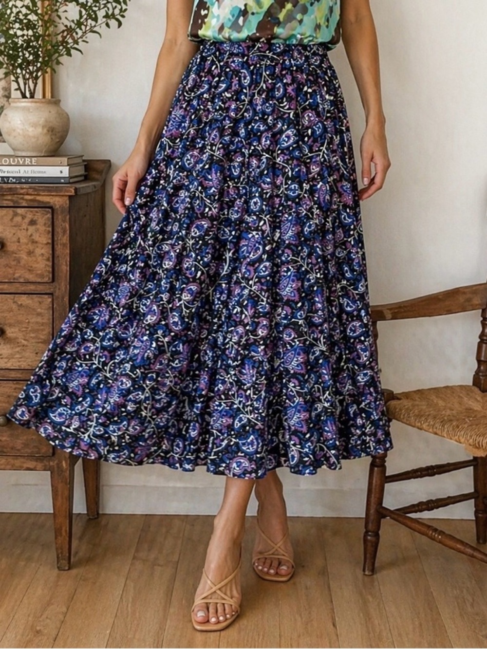 Vintage 90s Women’s Paisley Floral Midi Skirt Viscose Size 10 Cottagecore Fairy